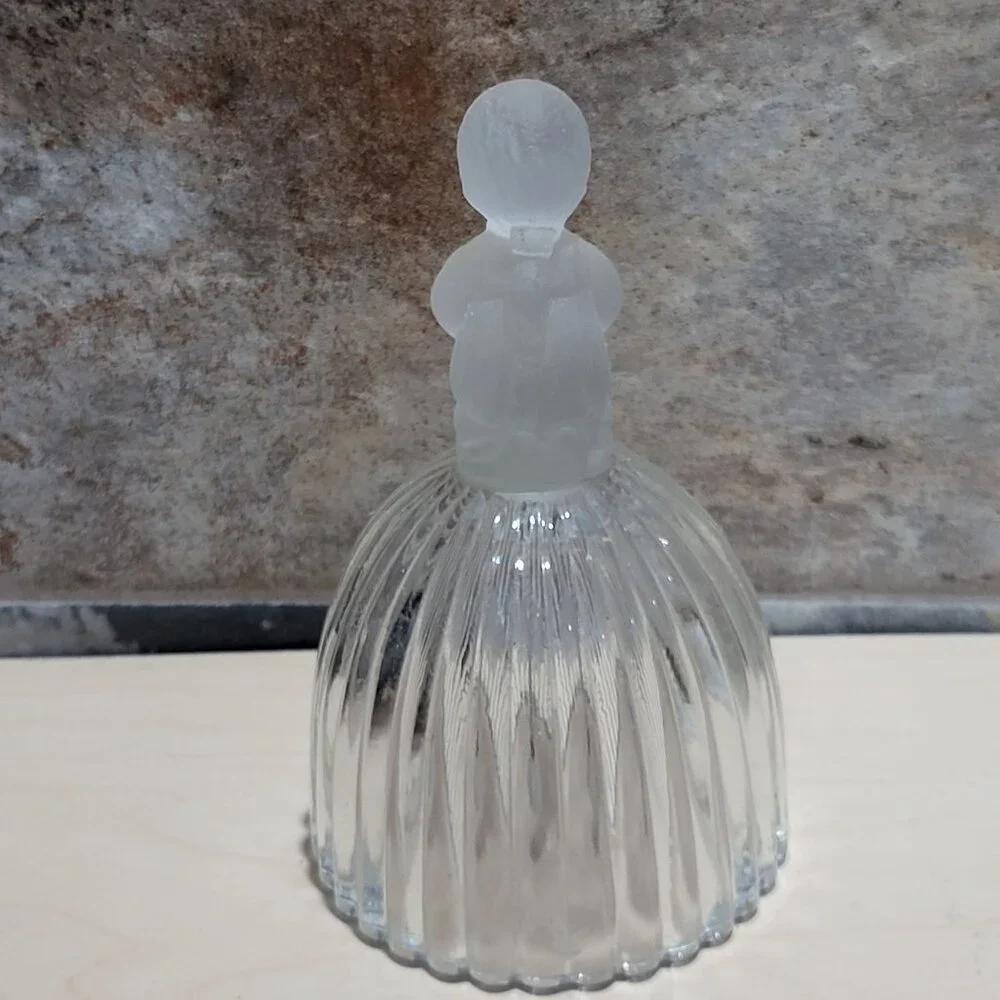 Vintage Ribbed Crystal Bell Frosted Glass Praying Child Figure 1978